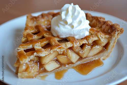 Delicious slice of homemade apple pie topped with whipped cream on a white plate, inviting and warm