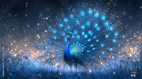 A vector illustration of a magical frost peacock with glowing feathers, standing in a frosty meadow.