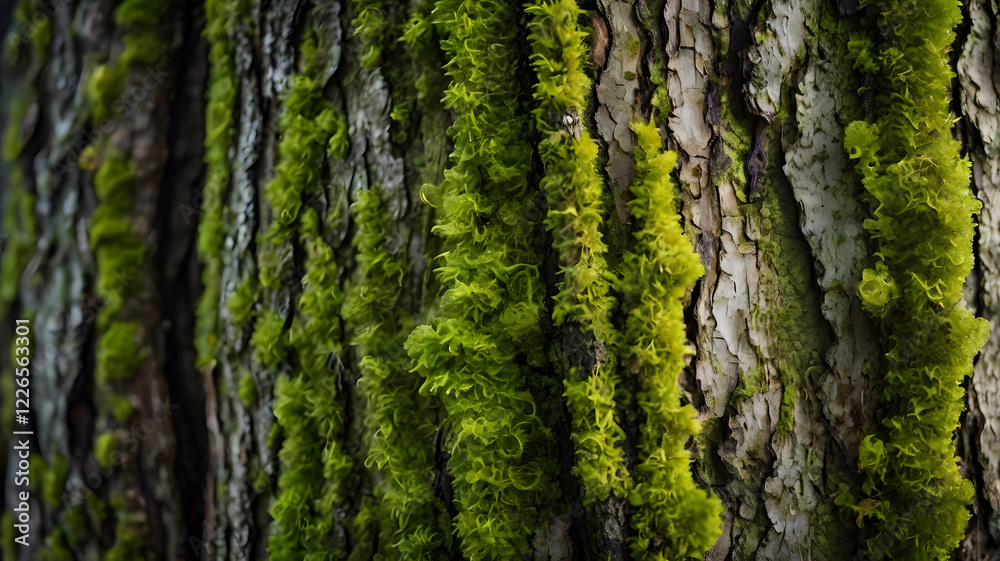 close-up of a tree trunk covered in lush green moss. The moss is growing in vertical stripes, creating a textured and organic pattern close-up of a tree trunk covered in lush green moss. The moss is growing in vertical stripes, creating a textured and organic pattern