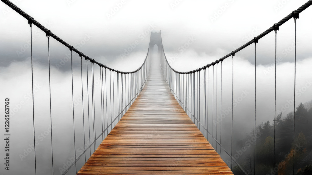 foreboding bridge covered in mist, leading into unknown foreboding bridge covered in mist, leading into unknown