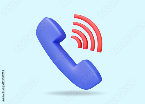 3D vector render illustration of blue minimalist phone headphone icon set that is making a call Along with the red signal wave symbol, which represents calls, communication, incoming calls.