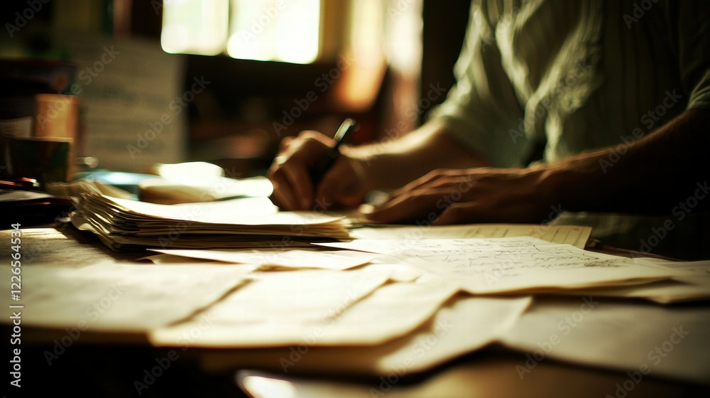 Obraz premium Focused Hands Writing On Notepad Surrounded By Papers And Notes
