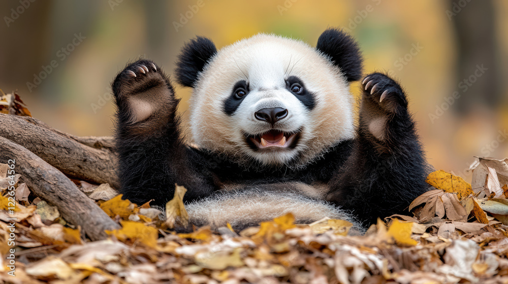 Fototapeta premium giant panda playfully lying in autumn leaves, showcasing its joyful expression