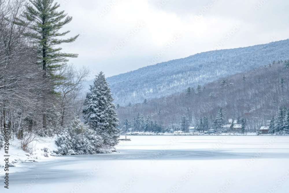 Obraz premium Frozen lake surrounded by snow-covered trees and mountains during winter