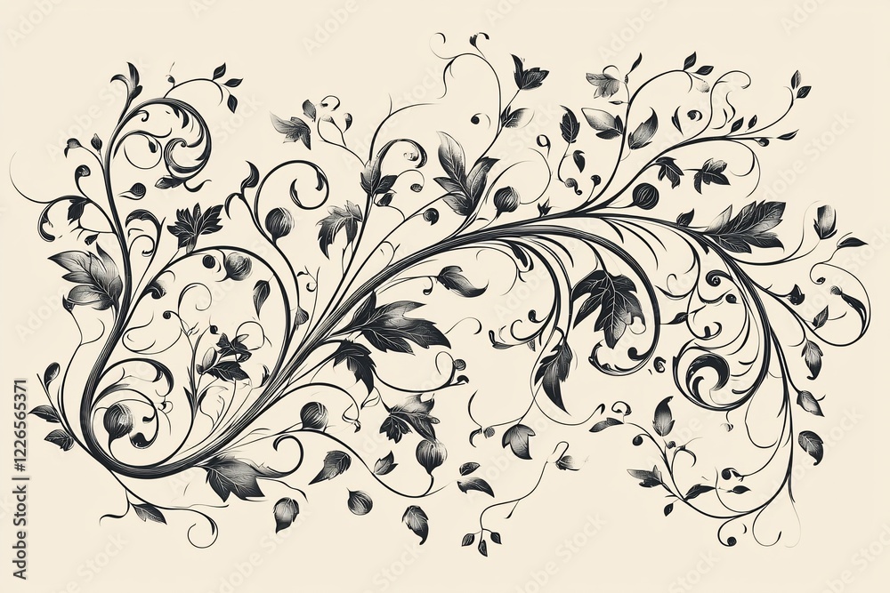 Elegant black and white floral design with intricate vines and leaves on a soft beige background Elegant black and white floral design with intricate vines and leaves on a soft beige background