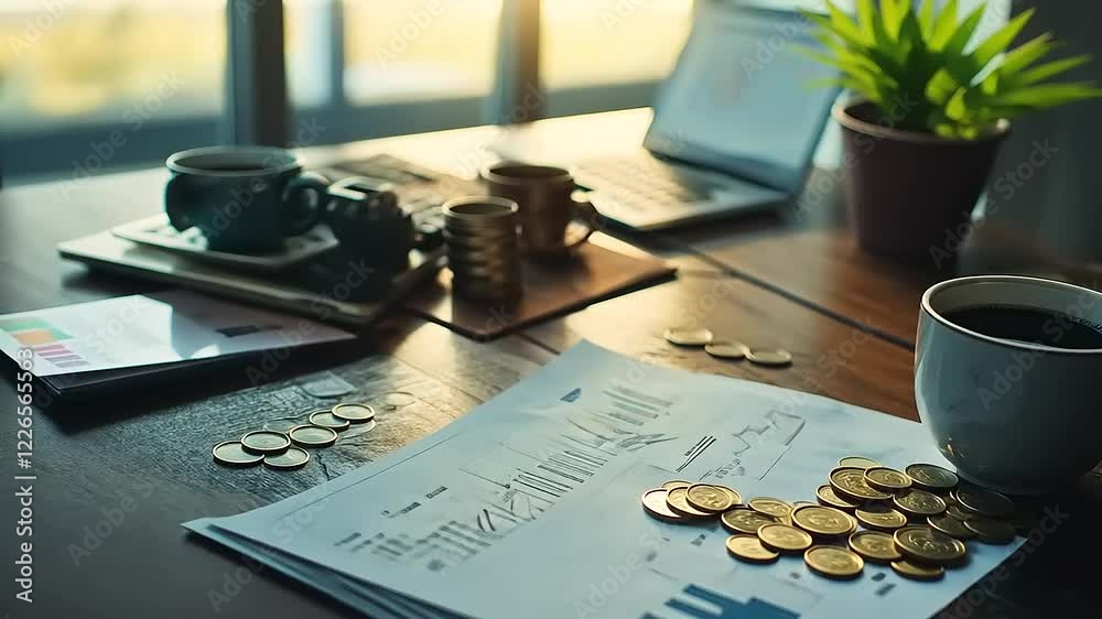Coffee cup beside financial documents and coins on a desk with a laptop and camera in background Coffee cup beside financial documents and coins on a desk with a laptop and camera in background