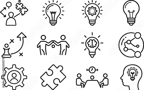 Solution thin line icon vector set. Containing problem solving, light bulb, idea. vector art