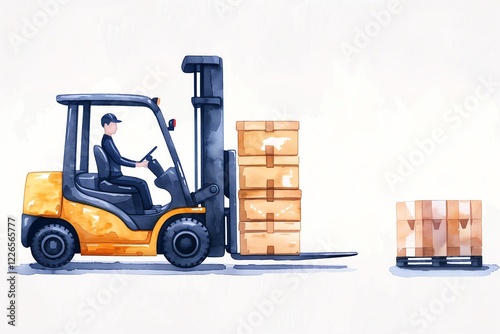 Illustration of a forklift operator moving stacked boxes, showcasing warehouse logistics and material handling efficiency.
