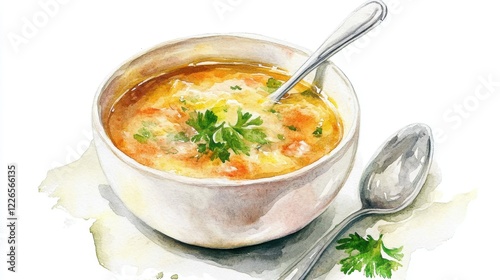 Turkey Neck Soup Day Watercolor illustration of a bowl of vegetable soup with a spoon and parsley garnish