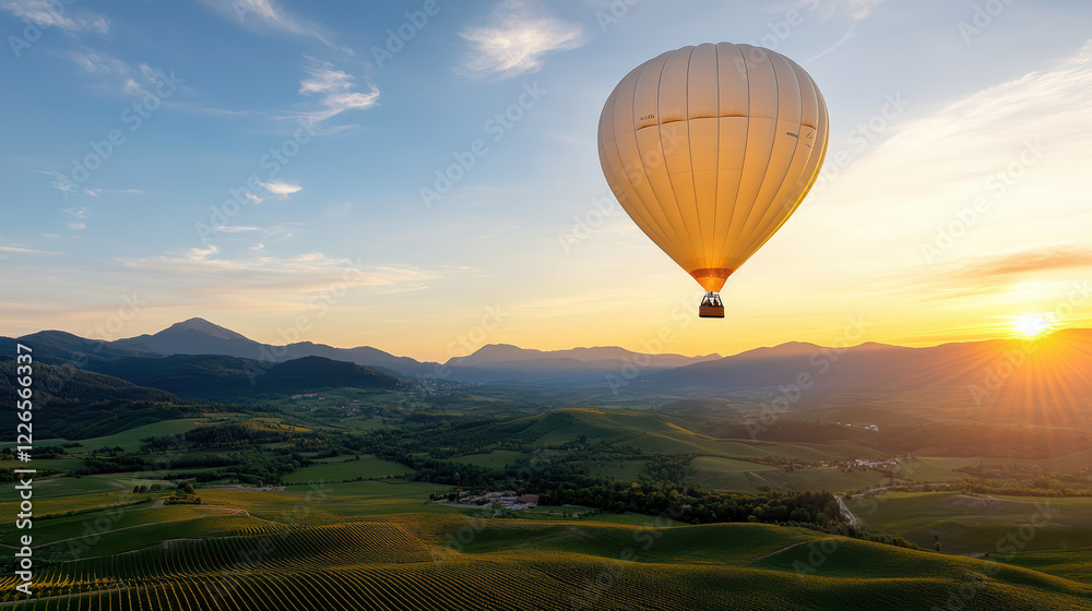Fototapeta premium hot air balloon floating over scenic vineyard at sunset, creating serene atmosphere