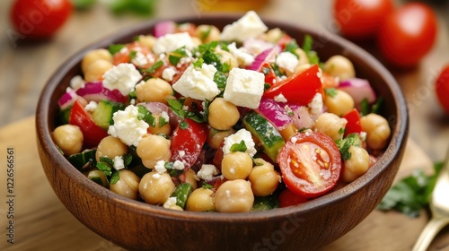 Delicious mediterranean chickpea salad with fresh vegetables and feta cheese