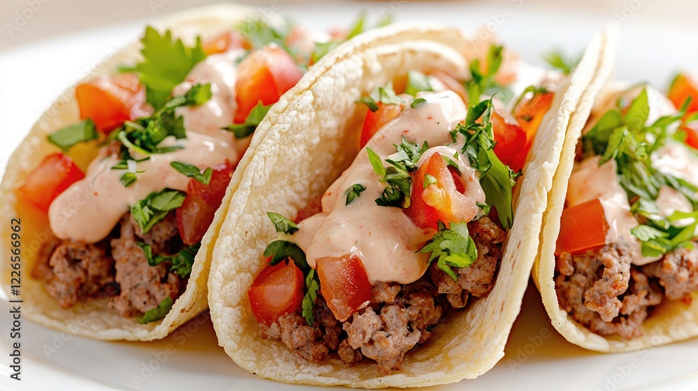 Delicious ground beef tacos with tomatoes and sauce Delicious ground beef tacos with tomatoes and sauce