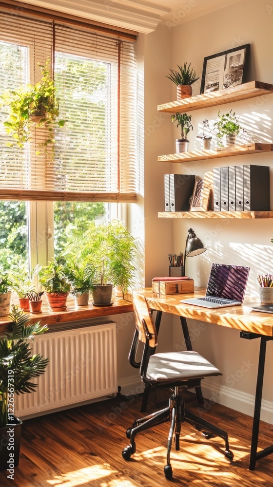 Fototapeta premium Sunny Home Office Workspace Plants Wooden Desk Laptop Window