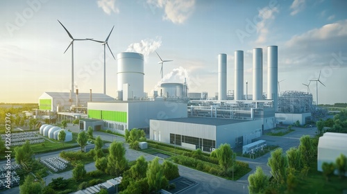 Clean Energy Power Plant with Wind Turbines and Modern Facilities