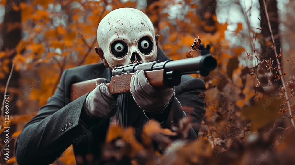 A figure in a skull mask aims a rifle amid autumn foliage.