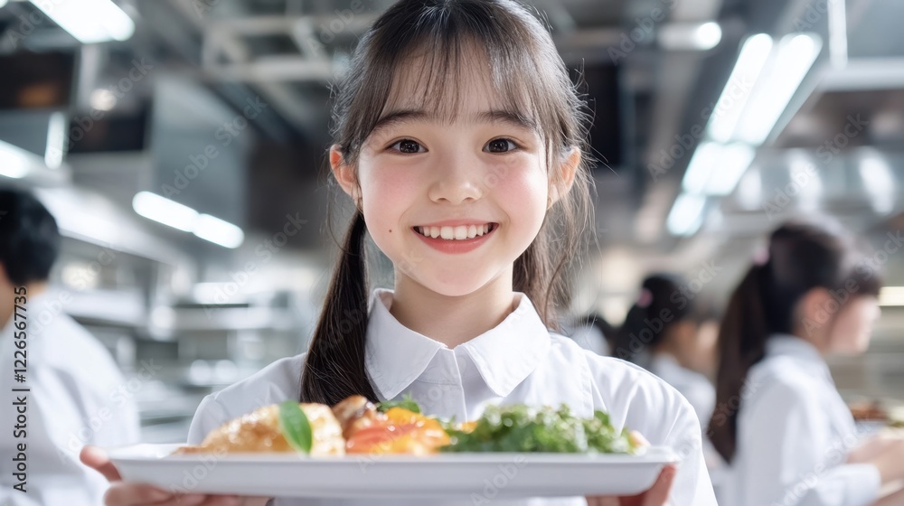 International School Meals Day Asian female child chef holding a dish in commercial kitchen setting International School Meals Day Asian female child chef holding a dish in commercial kitchen setting