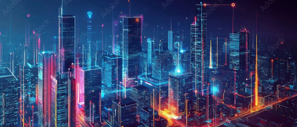 Fototapeta premium Digital city skyline at night with vibrant colorful lights and data flow