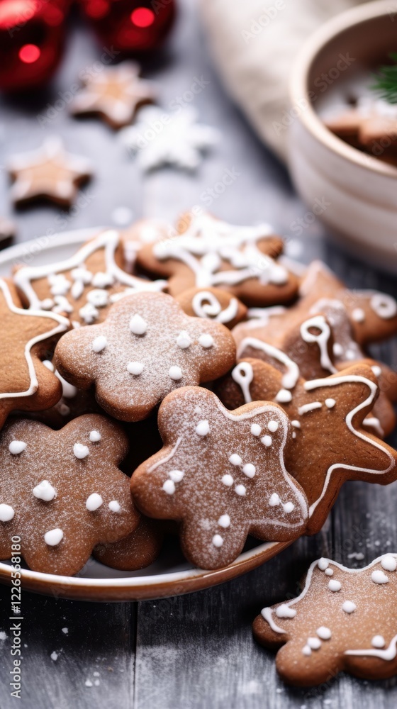 Fototapeta premium Festive christmas gingerbread cookies with icing on a plate