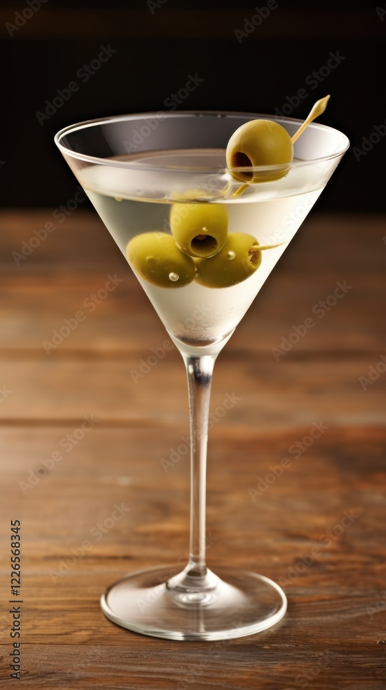 Classic martini with olives in a glass on wooden surface Classic martini with olives in a glass on wooden surface