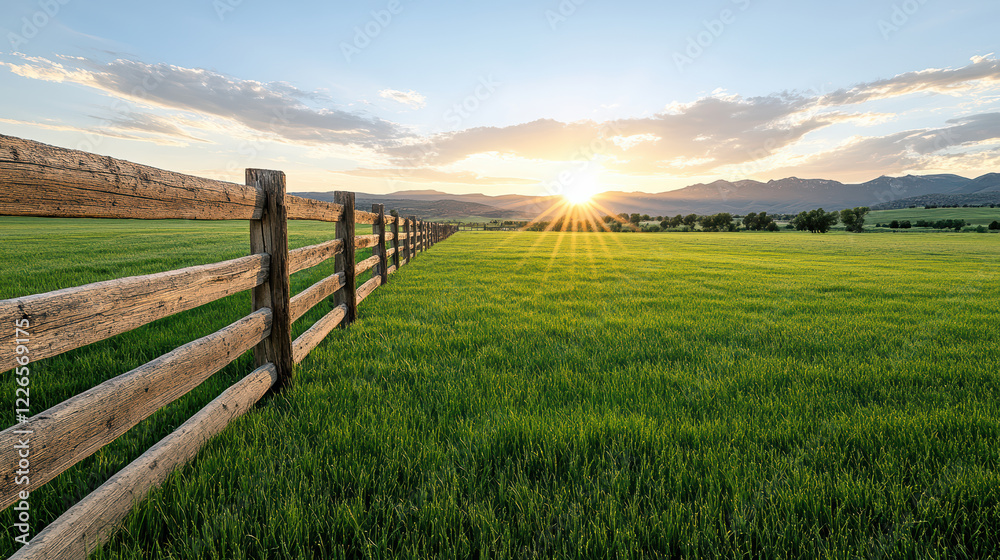 rustic fence line with vibrant green grass at sunset, creating serene landscape rustic fence line with vibrant green grass at sunset, creating serene landscape