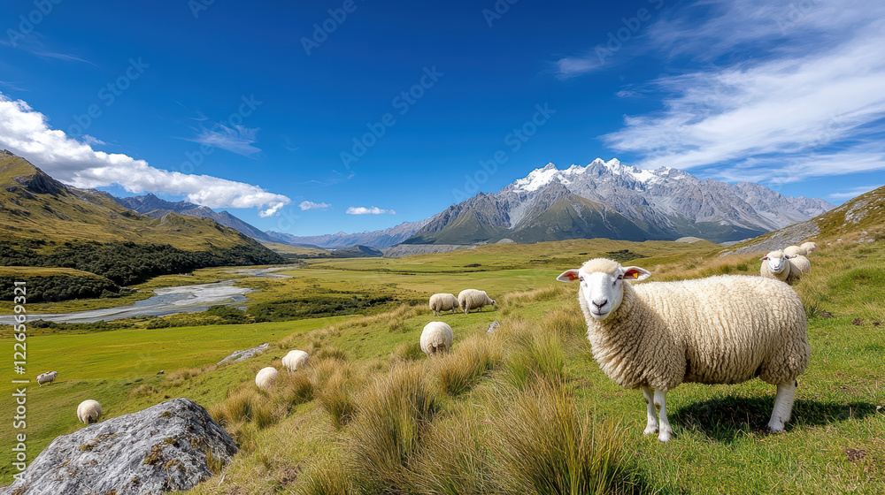 Fototapeta premium scenic view of sheep grazing on hillside with majestic mountains