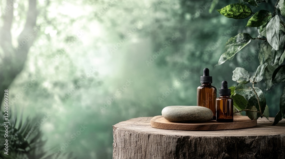 A premium natural-themed product display with a wooden and stone stage, set against a soft-focus forest green background for an earthy touch. A premium natural-themed product display with a wooden and stone stage, set against a soft-focus forest green background for an earthy touch.