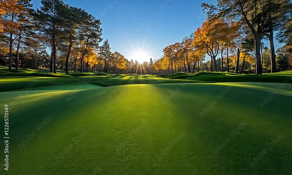 A serene golf course at sunset, showcasing vibrant autumn foliage and a clear sky A serene golf course at sunset, showcasing vibrant autumn foliage and a clear sky