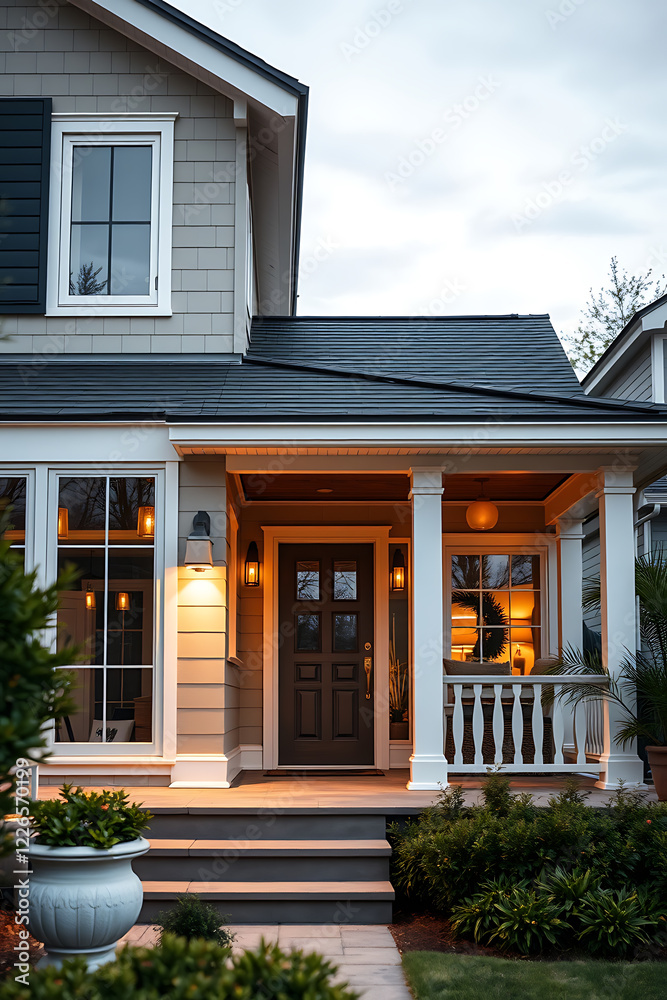 Evening view of a charming house exterior with a welcoming porch, showcasing beautiful architecture and landscaping details. Ideal for real estate listings or home design inspiration. Evening view of a charming house exterior with a welcoming porch, showcasing beautiful architecture and landscaping details. Ideal for real estate listings or home design inspiration.