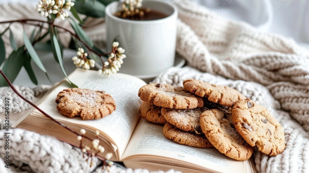 Jewish Book Week Cozy scene with cookies, open book, and cup of tea on knit blanket Jewish Book Week Cozy scene with cookies, open book, and cup of tea on knit blanket