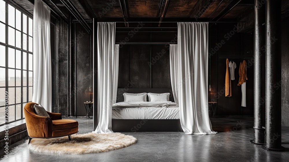 Fototapeta premium A moody and dramatic industrial-style loft bedroom featuring black steel