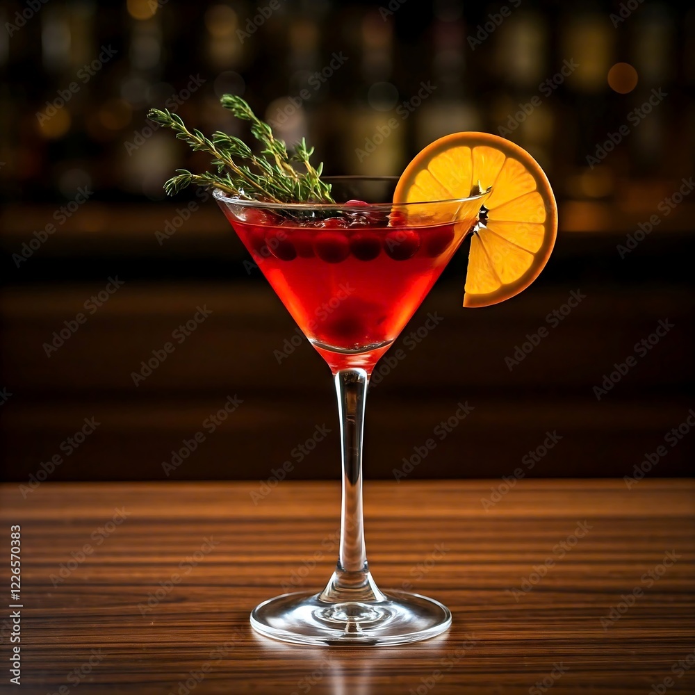 A festive autumn martini with a cranberry and orange flavor. A martini glass filled with a cranberry and orange cocktail, garnished with a sprig of thyme and a slice of orange. A festive autumn martini with a cranberry and orange flavor. A martini glass filled with a cranberry and orange cocktail, garnished with a sprig of thyme and a slice of orange.