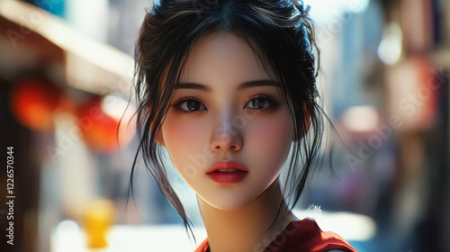 Beautiful Asian Woman Portrait Digital Art Soft Lighting Stunning Features Red Dress High Resolution