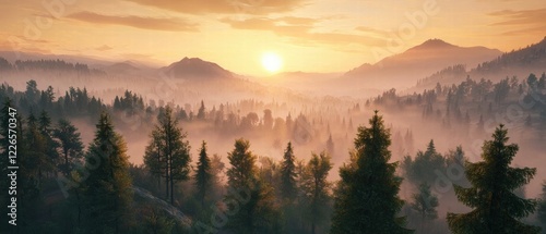 Serene Sunrise Over Misty Forest Landscape in Majestic Mountain Range