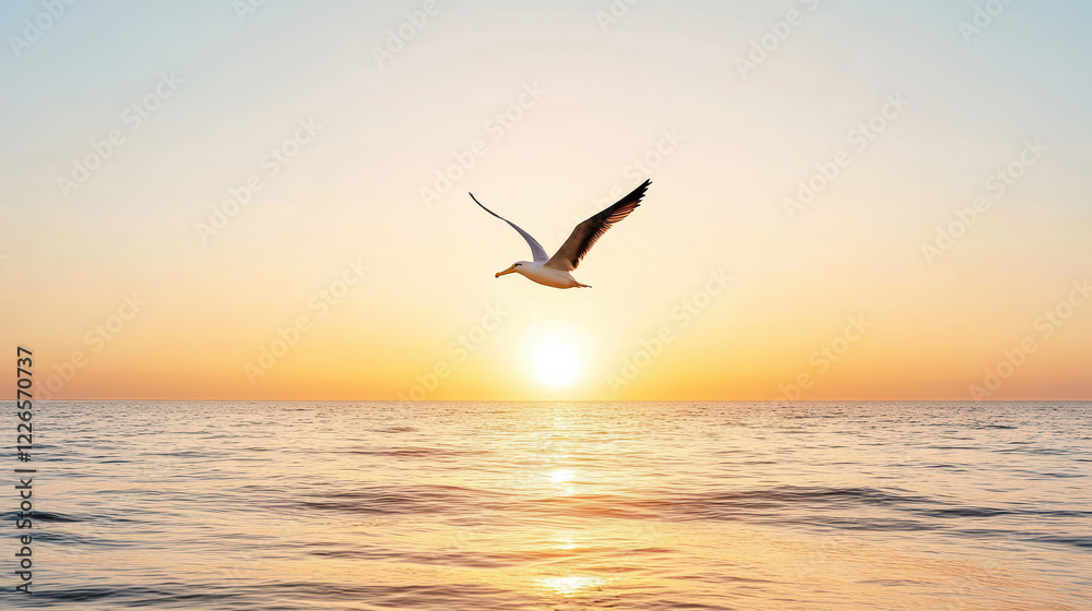 Fototapeta premium silhouette of bird soaring over tranquil ocean at sunset