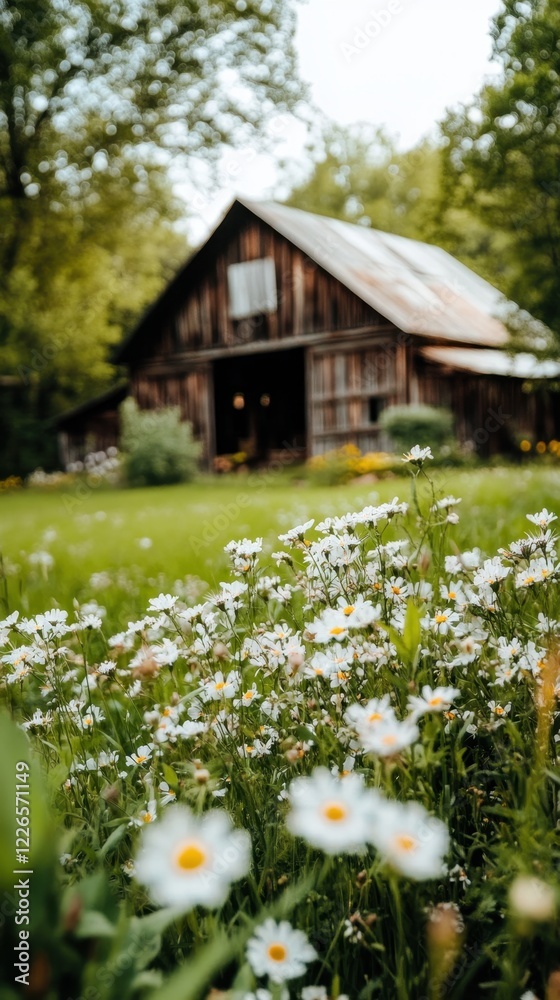 Rustic wooden barn with wildflowers in bloom surrounded by lush greenery National Old Stuff Day Rustic wooden barn with wildflowers in bloom surrounded by lush greenery National Old Stuff Day