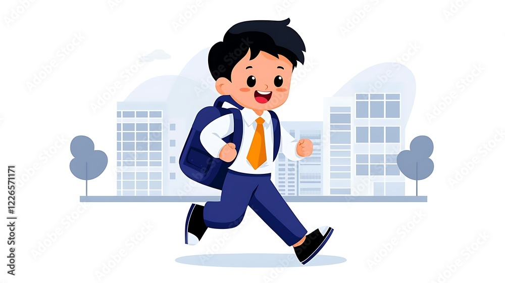 Happy boy in school uniform running with backpack to school in city. Happy boy in school uniform running with backpack to school in city.