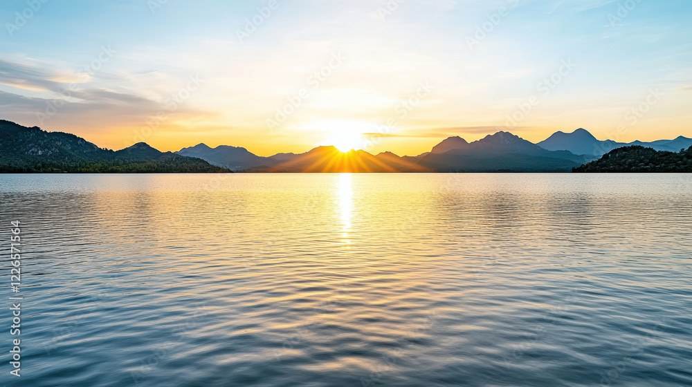 Naklejka premium serene sunrise reflected in calm lake, surrounded by mountains