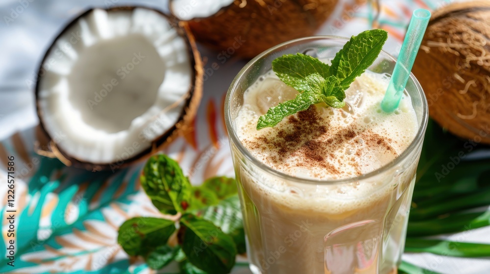 Refreshing coconut milkshake with mint garnish surrounded by fresh coconuts and leaves Refreshing coconut milkshake with mint garnish surrounded by fresh coconuts and leaves