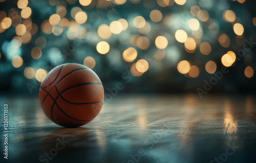 A basketball is placed on the wooden floor of the basketball court. The texture of the basketball is clearly visible and the background is blurred, highlighting the detail and texture of the basketbal