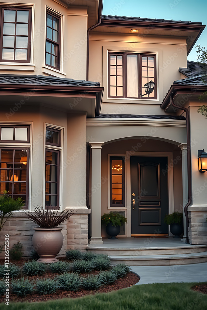Obraz premium Luxury Home Exterior: Modern Architectural Design, Elegant Entrance, and Landscaping