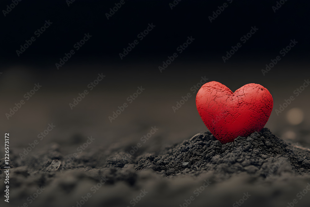 Fototapeta premium red heart on mound of dark soil symbolizes love and emotion