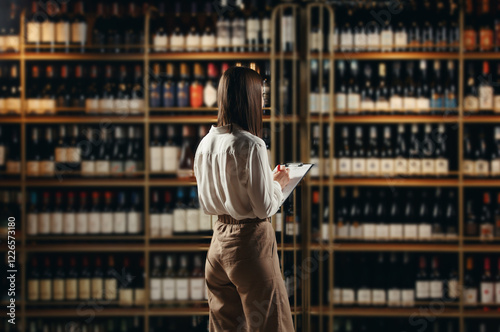 Experienced female sommelier standing in wine cellar, taking notes on tablet against the background of shelves with various alcoholic beverages.