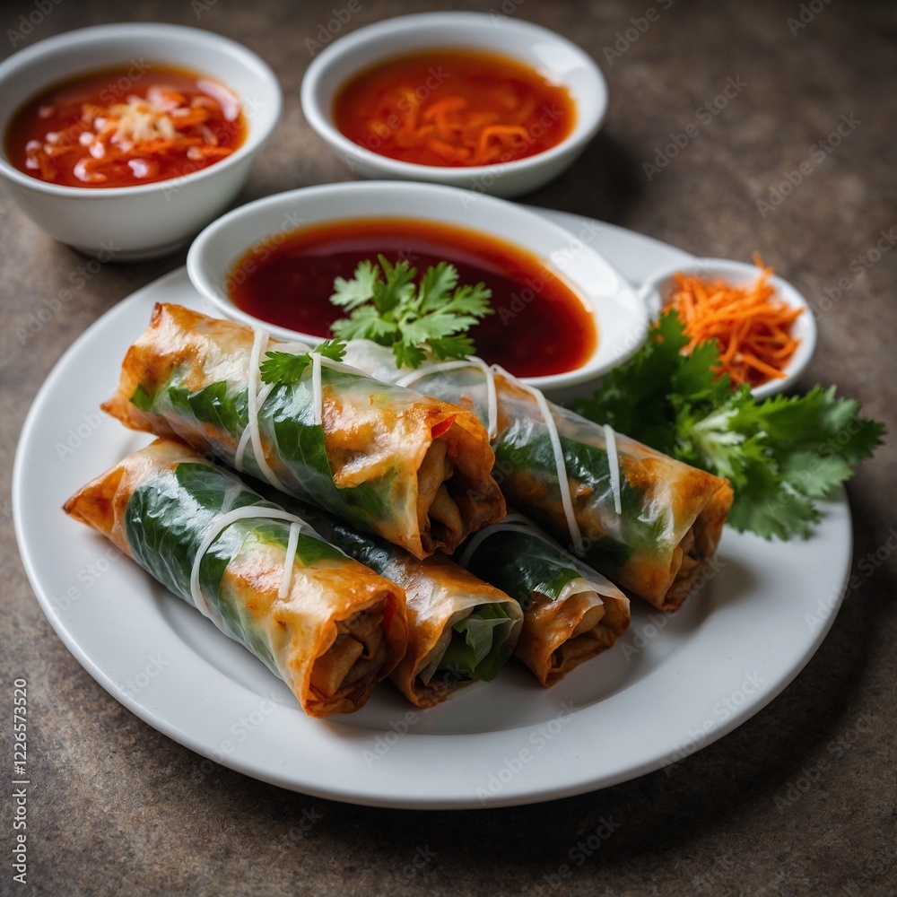 Pan-seared red snapper fillet served with lemon slices and fresh herbs on a stylish plate.A vegetable spring roll with sweet chili sauce. Generative AI. Pan-seared red snapper fillet served with lemon slices and fresh herbs on a stylish plate.A vegetable spring roll with sweet chili sauce. Generative AI.