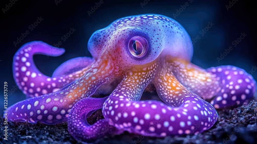 Obraz premium Vibrant octopus underwater portrait, dark background, marine life, aquarium use