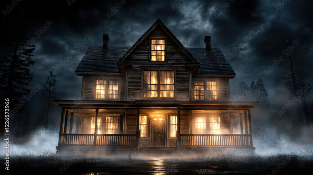 eerie abandoned mansion with glowing windows in foggy landscape eerie abandoned mansion with glowing windows in foggy landscape