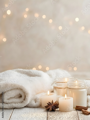 cozy spa setting with glowing candles and soft towels creates serene atmosphere