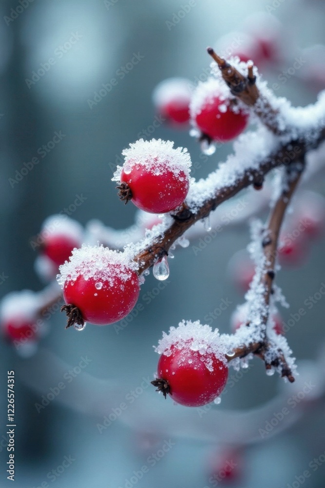 Red berries covered in ice on bare tree branches, wintergreen, barberry, frozen Red berries covered in ice on bare tree branches, wintergreen, barberry, frozen