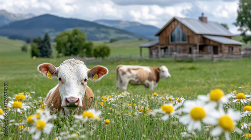 Cattle grazing in field of flowers near rustic farmhouse, serene landscape