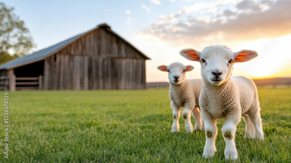 Fototapeta premium Playful lambs in sunlit meadow near rustic barn at sunset