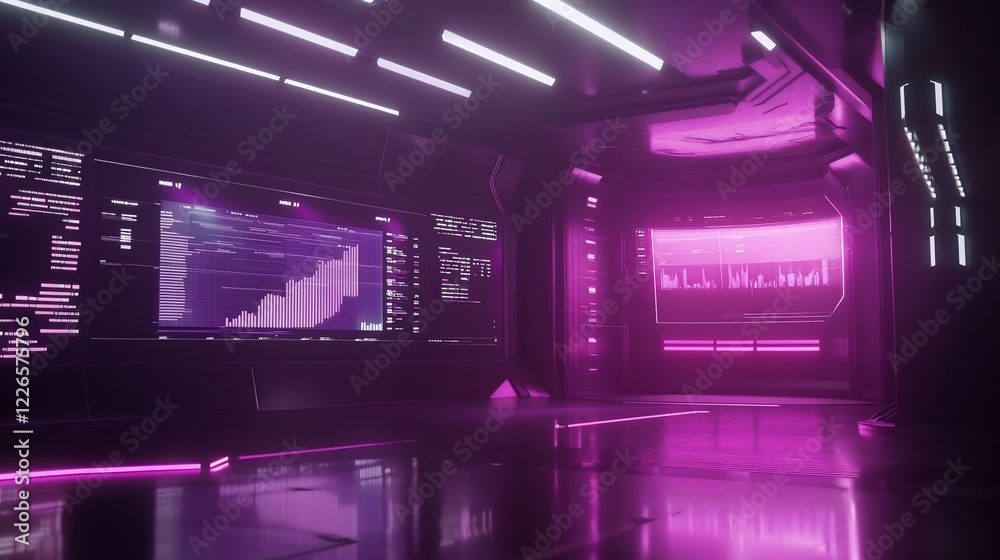 Fototapeta premium Futuristic control room with glowing screens displaying data in a neon purple hue